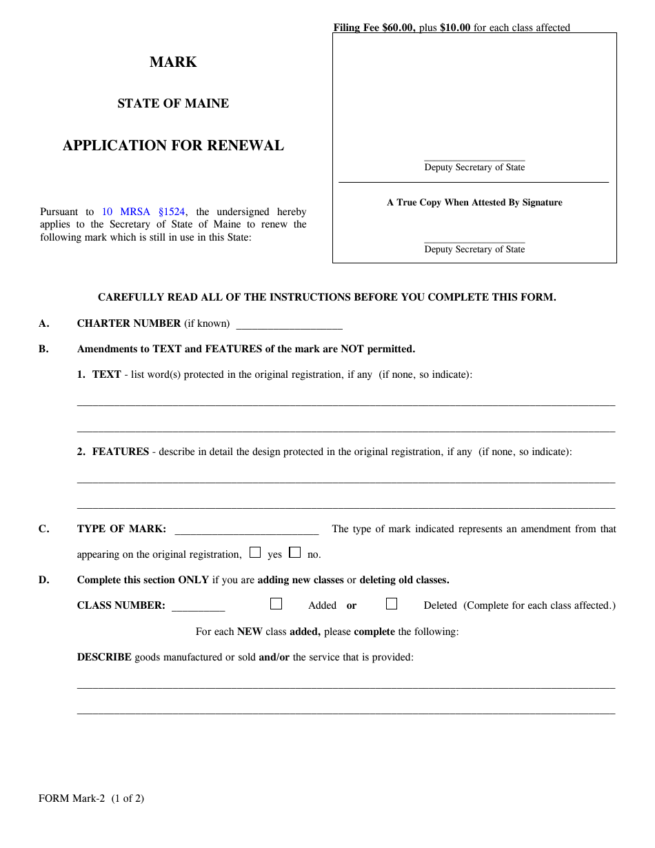 Form MARK-2 Application for Renewal - Maine, Page 1