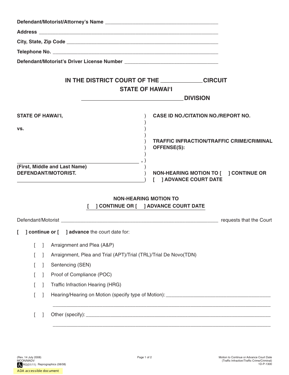 Form 1D-P-1300 Non-hearing Motion to Continue or Advance Court Date - Hawaii, Page 1