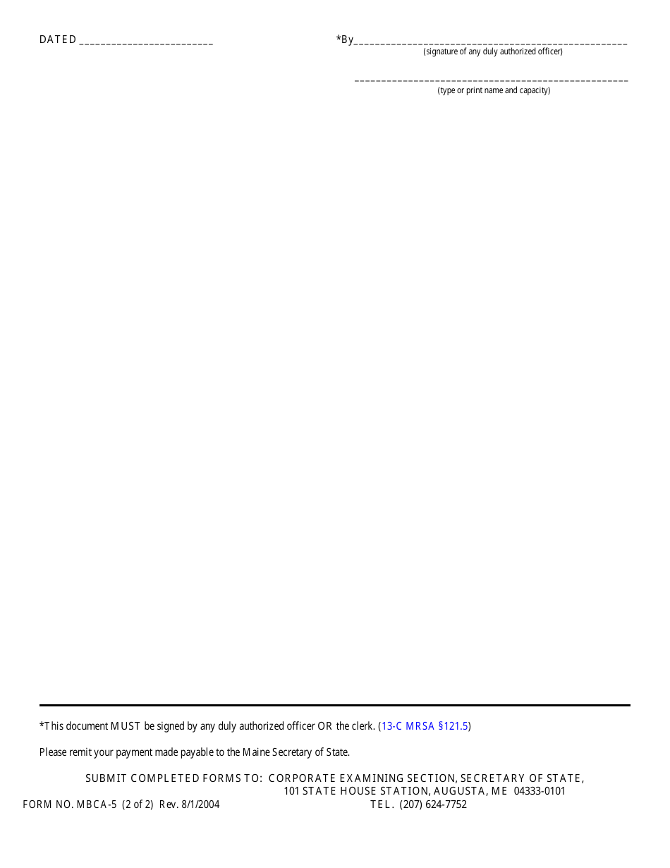 Form MBCA-5 Statement of Intention to Do Business Under an Assumed or Fictitious Name - Maine, Page 2