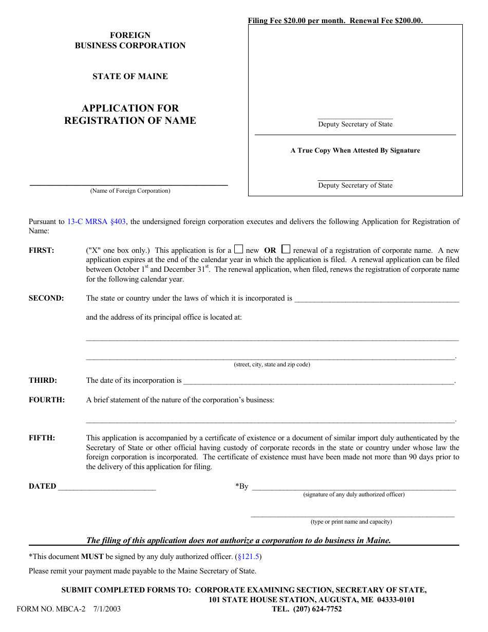 Form MBCA-2 Application for Registration of Name - Maine, Page 1