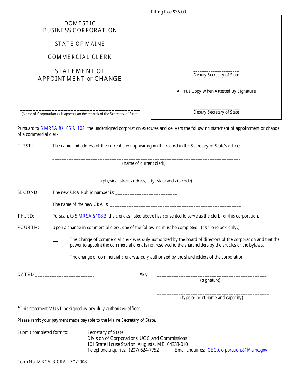 Form MBCA-3-CRA Statement of Appointment or Change - Commercial Clerk - Maine, Page 1