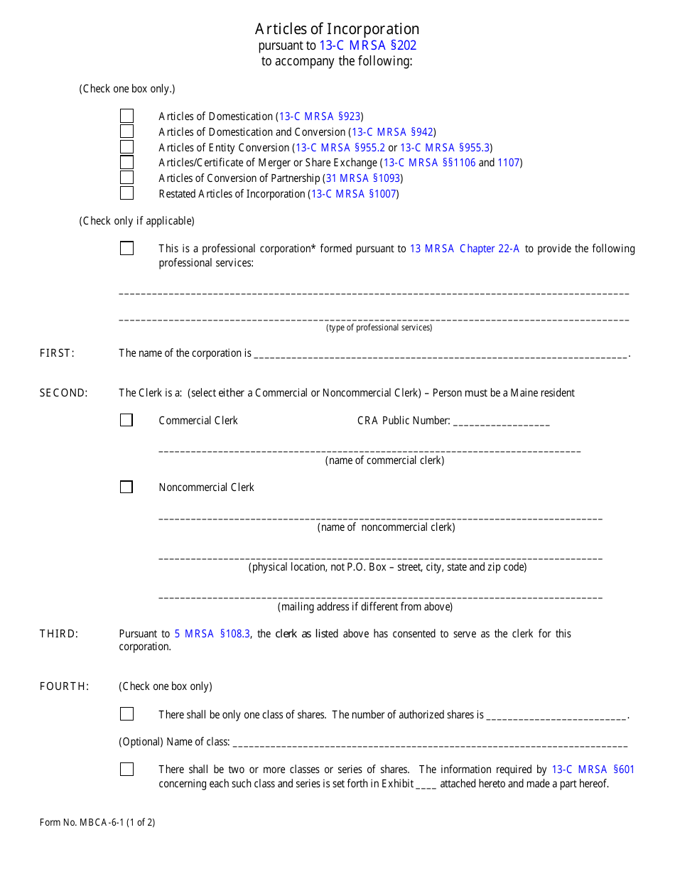 Form MBCA-6-1 Articles of Incorporation - Maine, Page 1