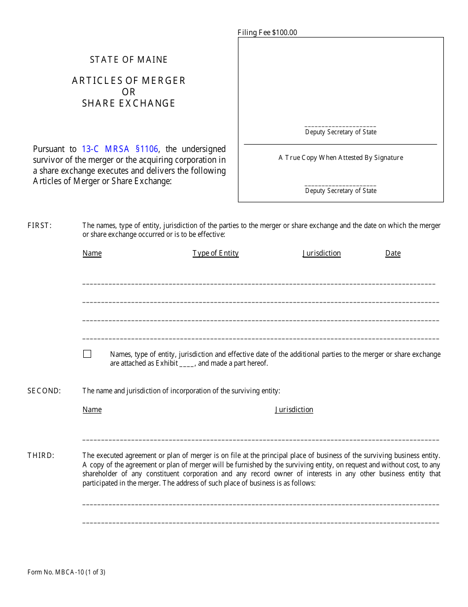 Form MBCA-10 Articles of Merger or Share Exchange - Maine, Page 1