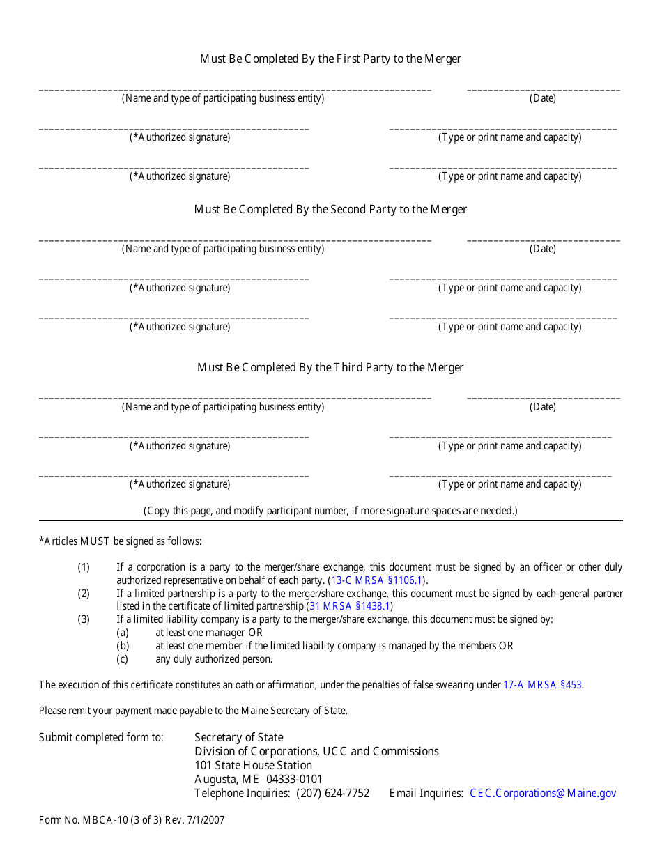 Form MBCA-10 Articles of Merger or Share Exchange - Maine, Page 3