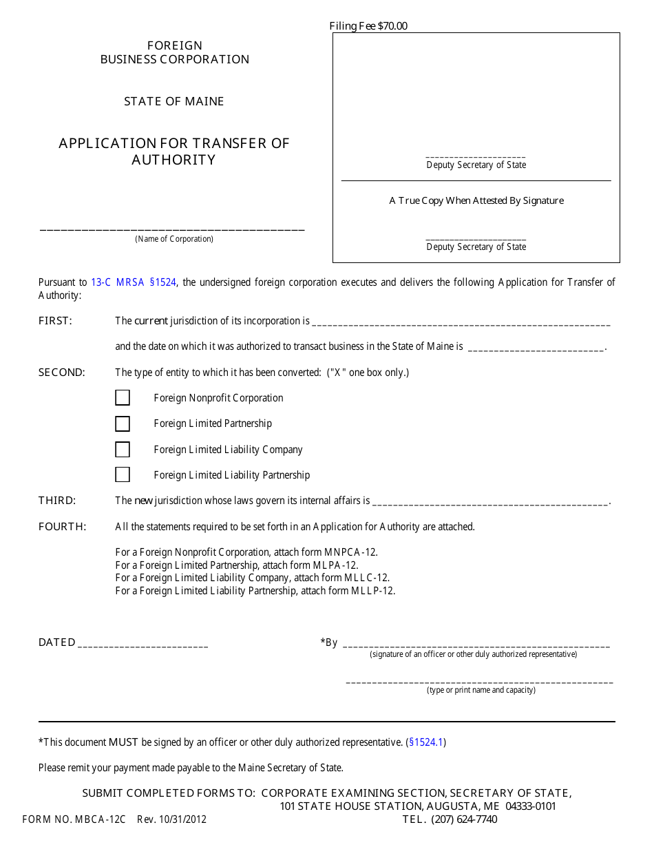 Form MBCA-12C Application for Transfer of Authority - Foreign Business Corporation - Michigan, Page 1