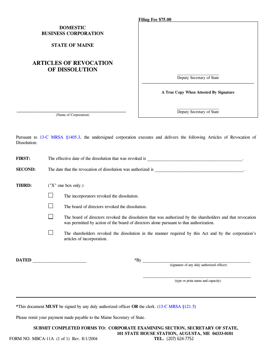 Form MBCA-11A Articles of Revocation of Dissolution - Maine, Page 1