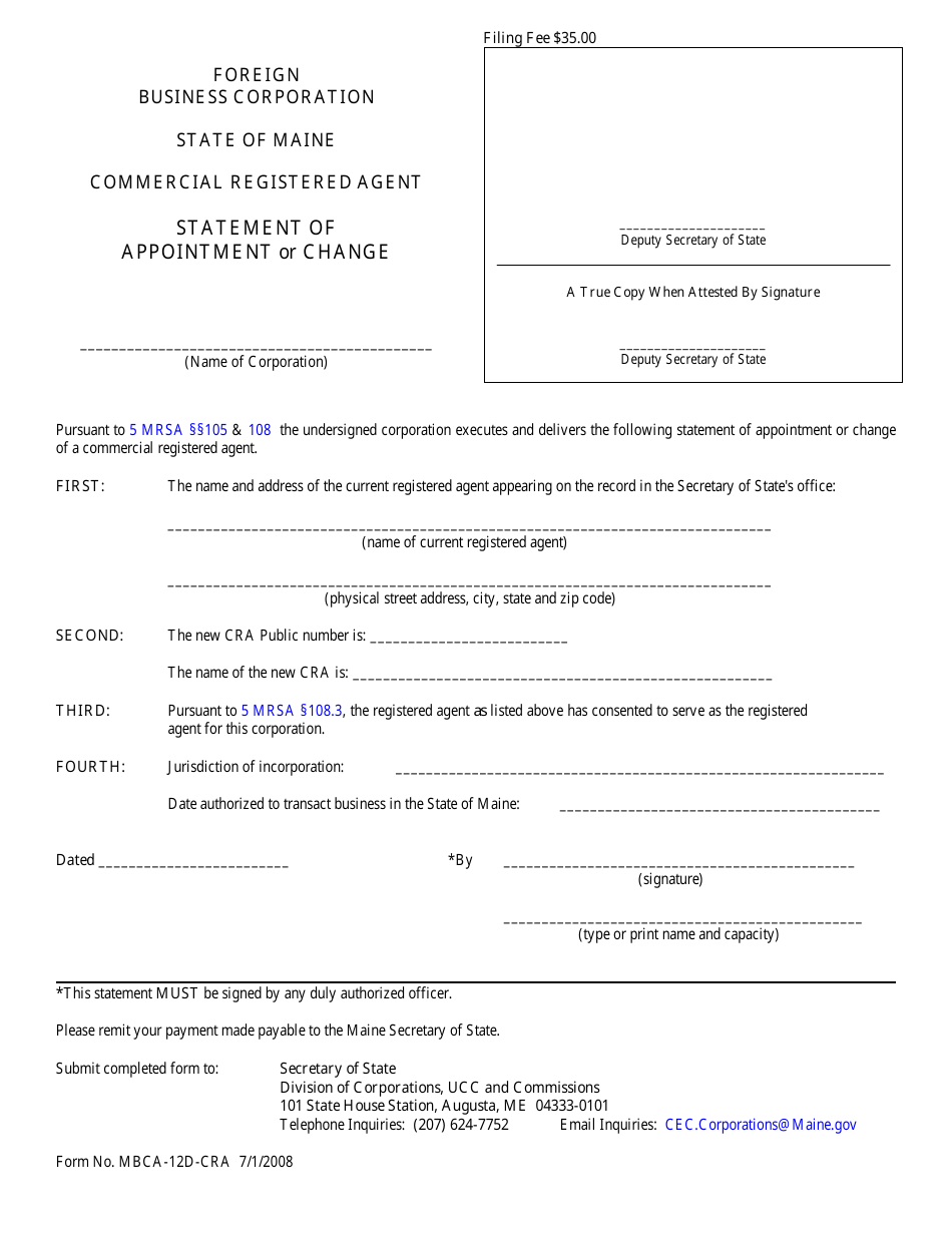 Form MBCA-12-D-CRA Statement of Appointment or Change - Commercial Registered Agent - Maine, Page 1