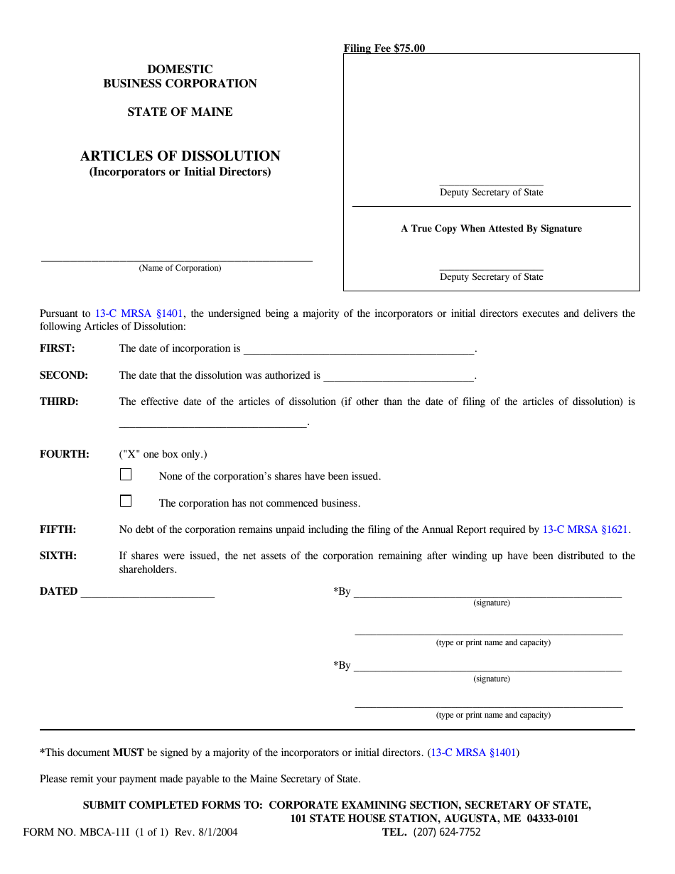 Form MBCA-11I Articles of Dissolution (Incorporators or Initial Directors) - Maine, Page 1