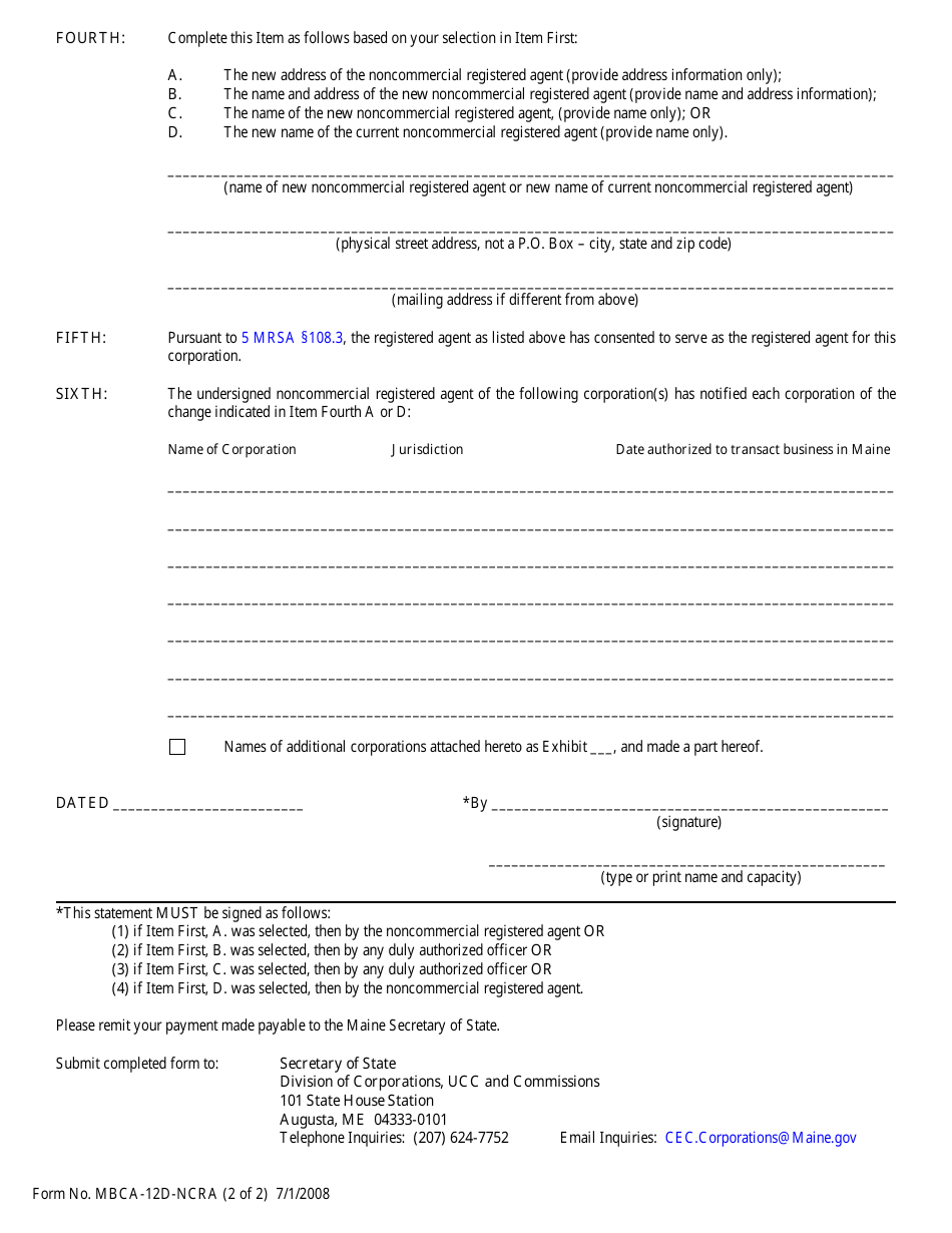 Form MBCA-12D-NCRA Statement of Appointment or Change - Noncommercial Registered Agent - Maine, Page 2