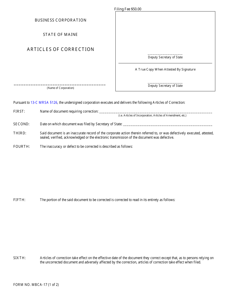 Form MBCA-17 Articles of Correction - Maine, Page 1