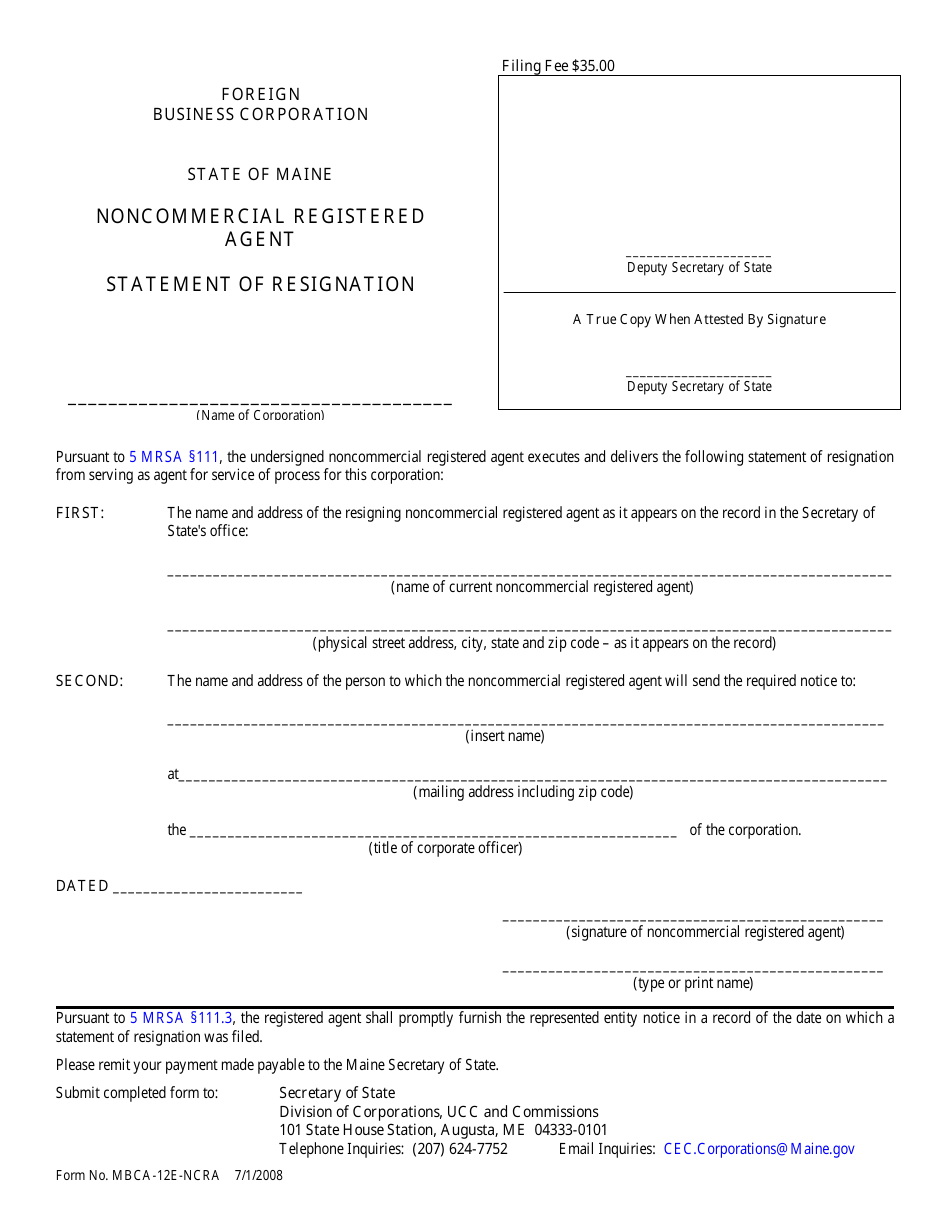 Form MBCA-12E-NCRA Statement of Resignation - Noncommercial Registered Agent - Maine, Page 1
