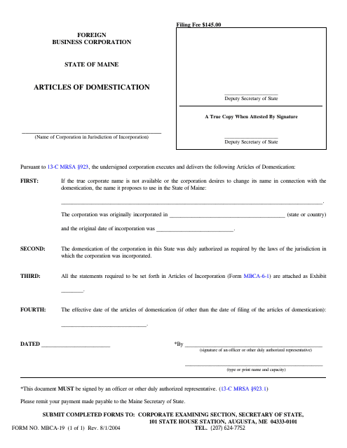 Form MBCA-19  Printable Pdf