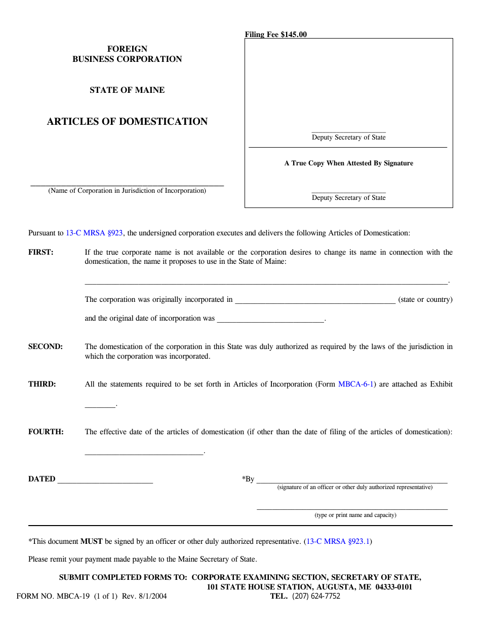 Form MBCA-19 Articles of Domestication - Maine, Page 1