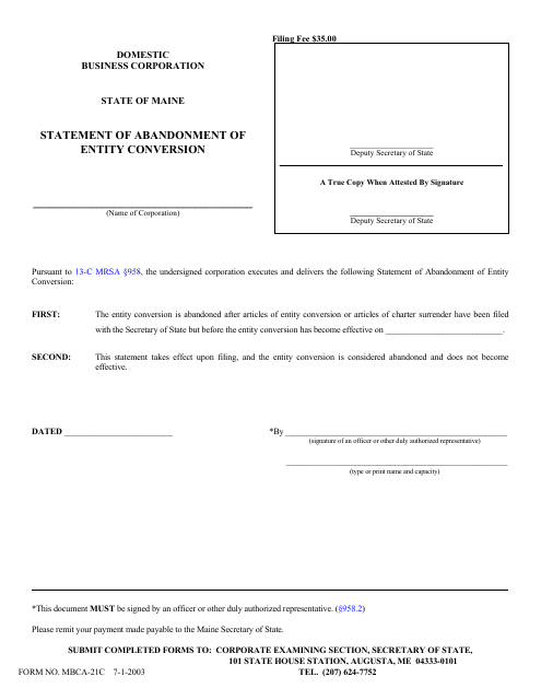 Form MBCA-21C  Printable Pdf