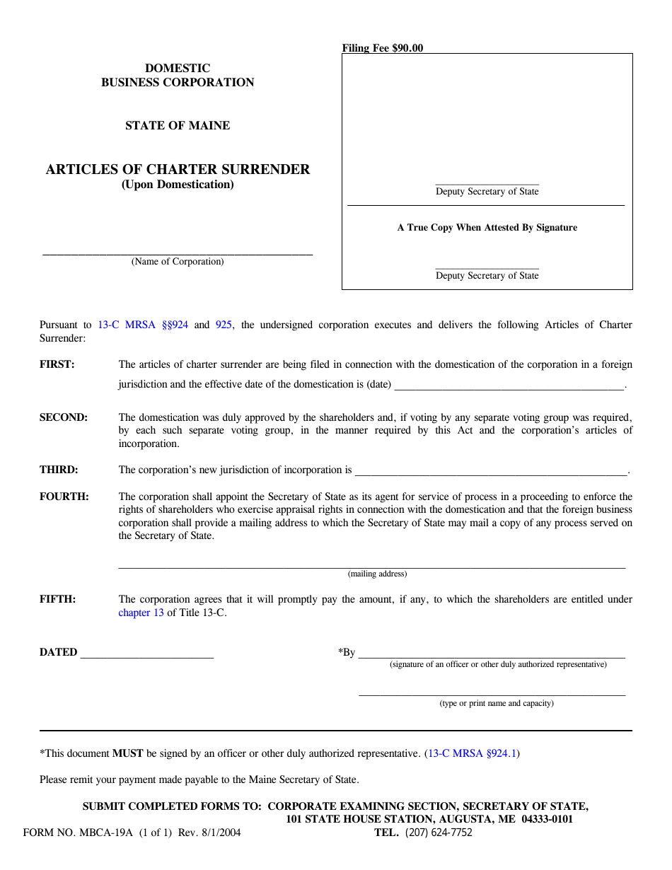 Form MBCA-19A Download Fillable PDF or Fill Online Articles of Charter ...