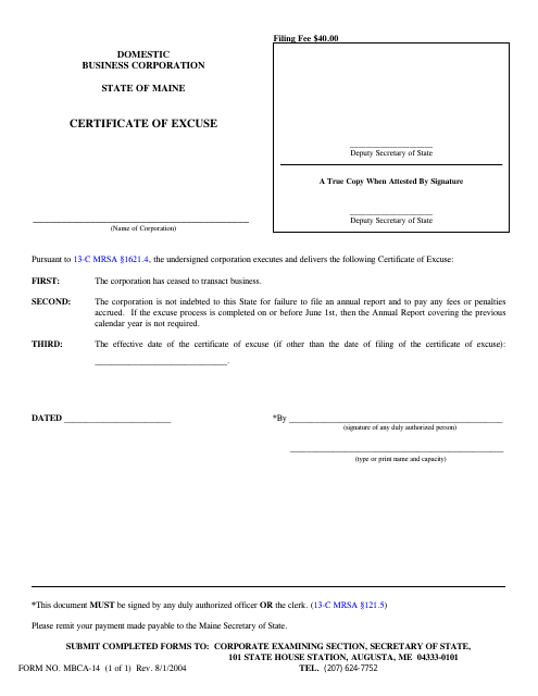 Form MBCA-14  Printable Pdf