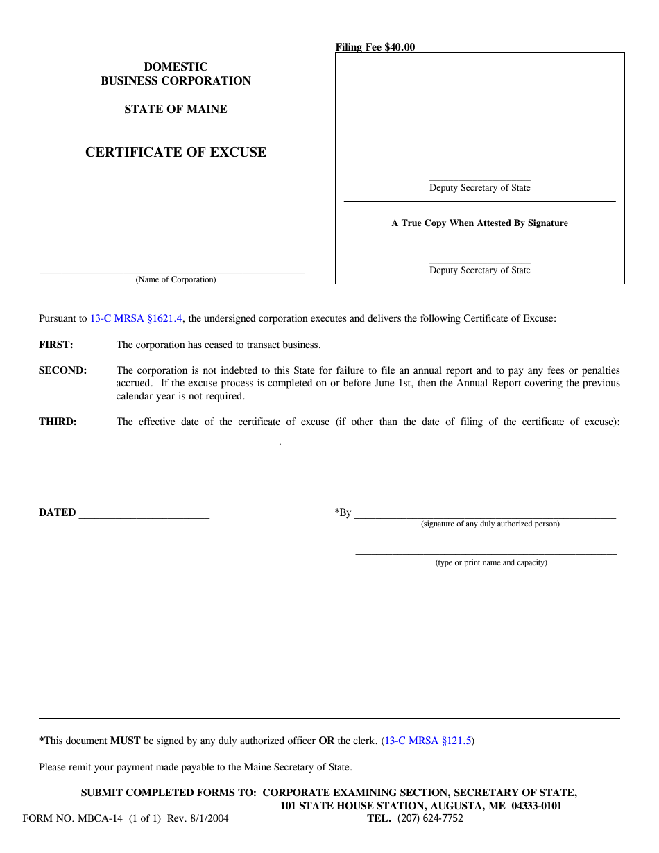 Form MBCA-14 Certificate of Excuse - Maine, Page 1