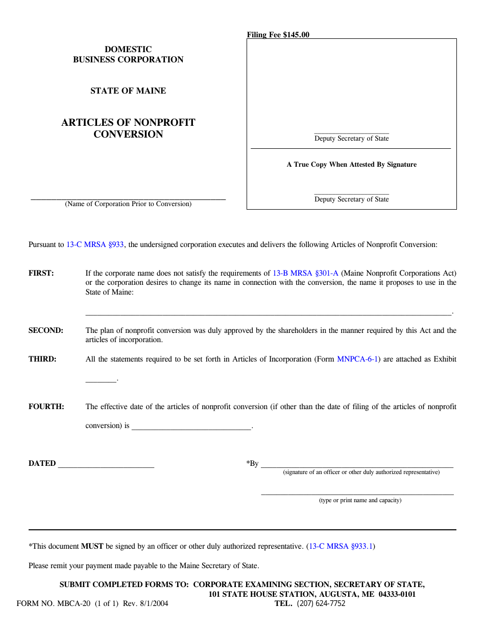 Form MBCA-20 Articles of Nonprofit Conversion - Maine, Page 1