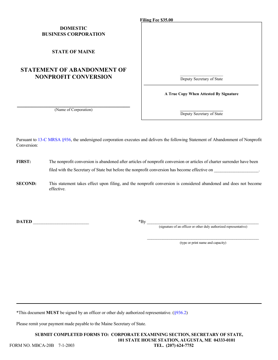 Form MBCA-20B Statement of Abandonment of Nonprofit Conversion - Maine, Page 1