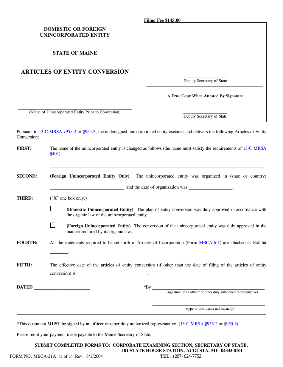 Form MBCA-21A Articles of Entity Conversion - Maine, Page 1