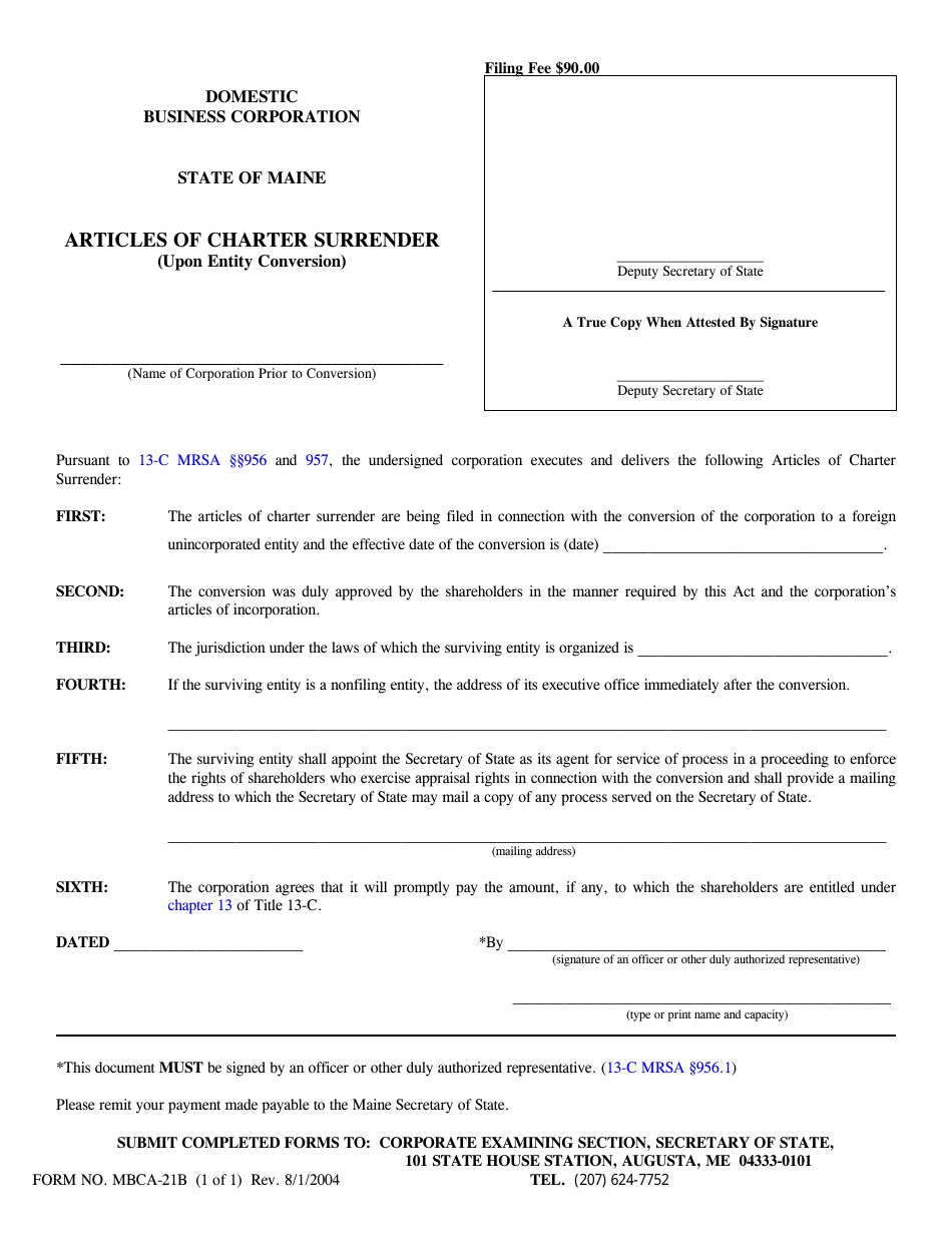 Form MBCA-21B Articles of Charter Surrender (Upon Entity Conversion) - Maine, Page 1