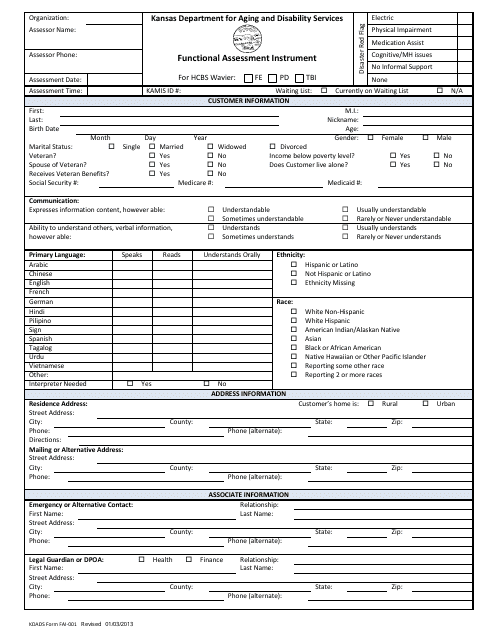 KDADS Form FAI-001 Functional Assessment Instrument - Kansas