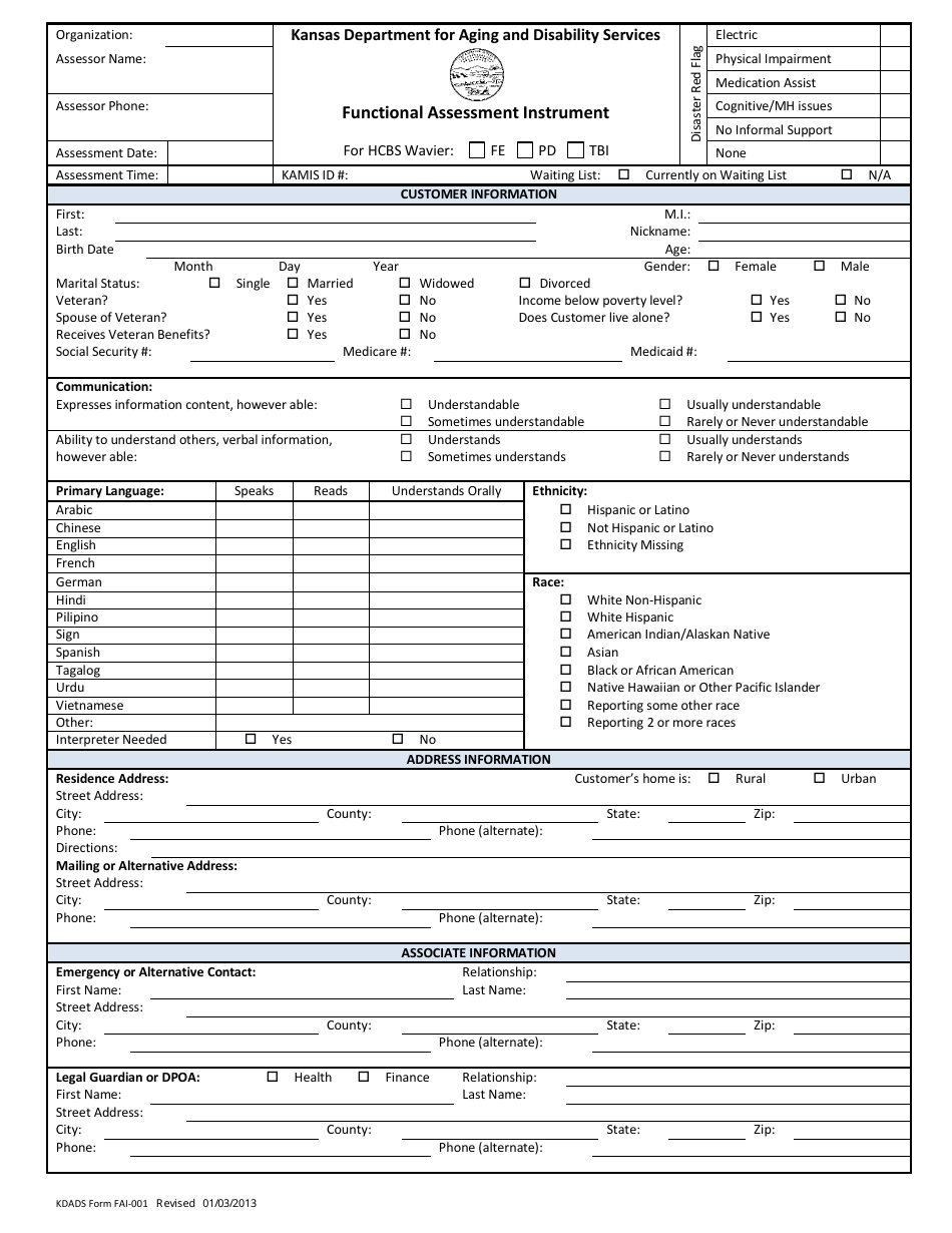 KDADS Form FAI-001 Functional Assessment Instrument - Kansas, Page 1