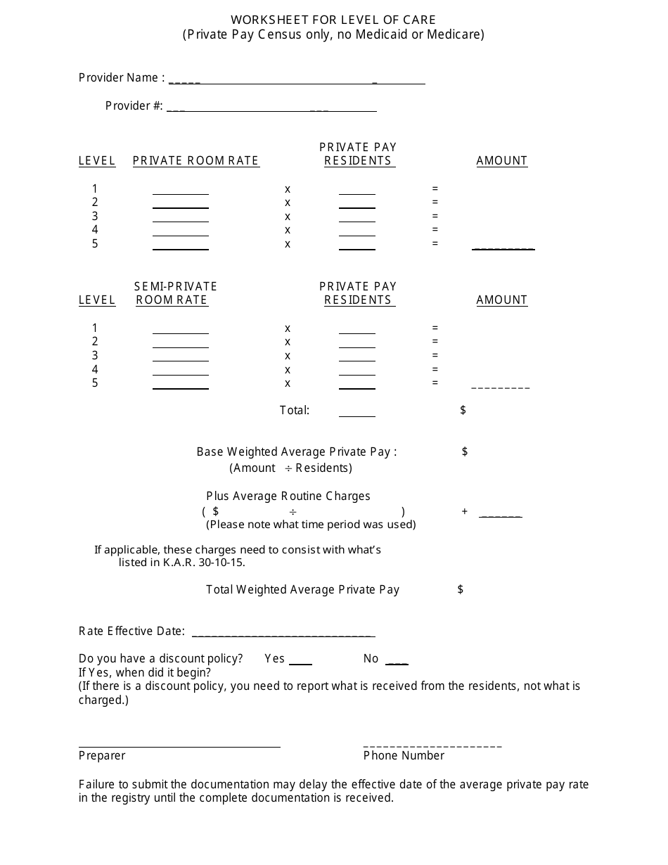Worksheet for Level of Care (Private Pay Census Only, No Medicaid or Medicare) - Kansas, Page 1