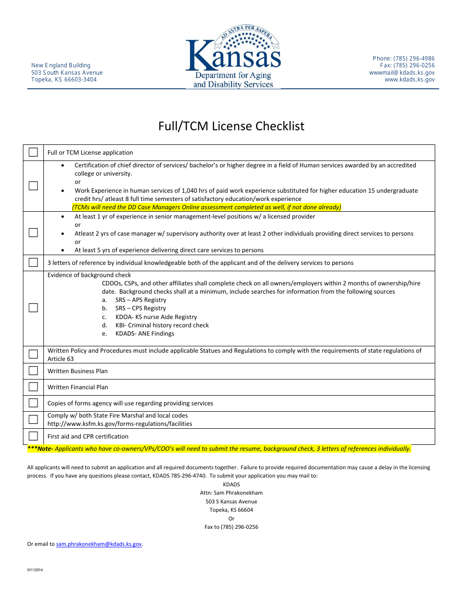 Full / Tcm License Checklist - Kansas, Page 1