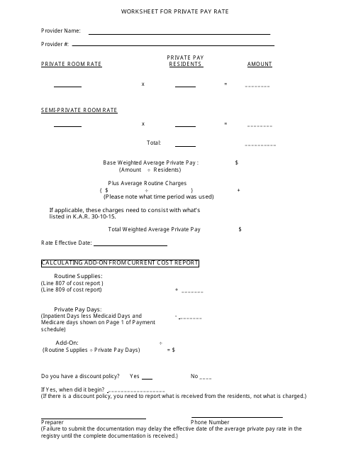 Worksheet for Private Pay Rate - Kansas Download Pdf