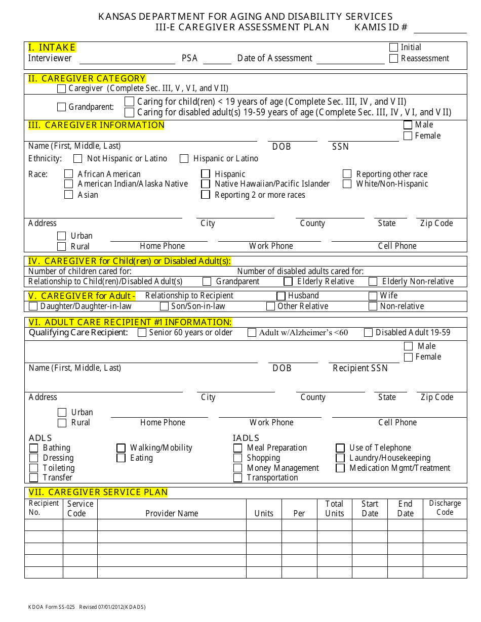 KDADS Form SS-025 Iii-E Caregiver Assessment Plan - Kansas, Page 1