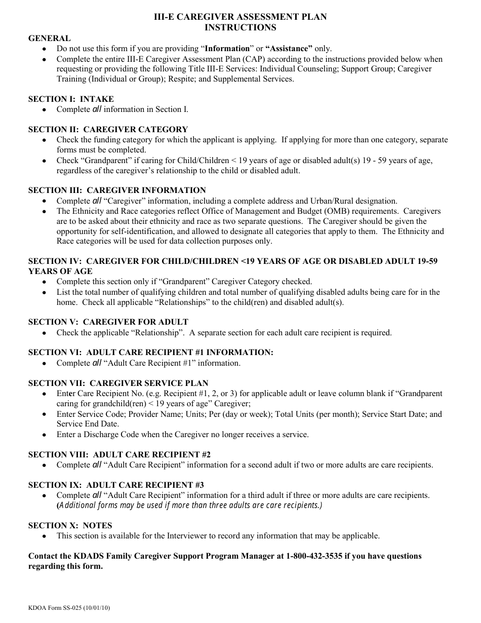 KDADS Form SS-025 Iii-E Caregiver Assessment Plan - Kansas, Page 3