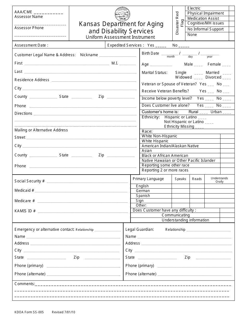 Kdads Form Ss 005 Download Printable Pdf Or Fill Online Uniform Assessment Instrument Kansas 2512