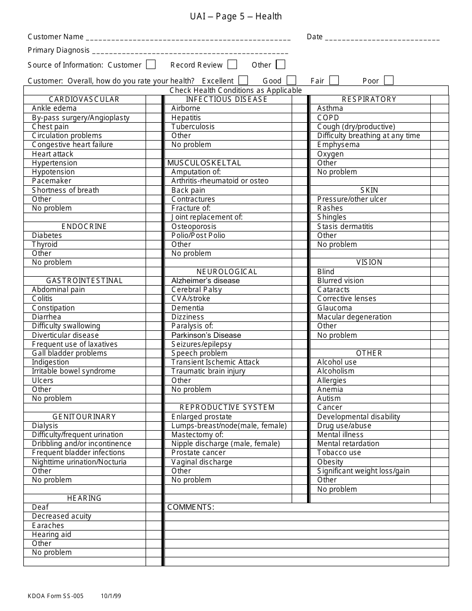 KDADS Form SS-005 Uniform Assessment Instrument - Kansas, Page 5