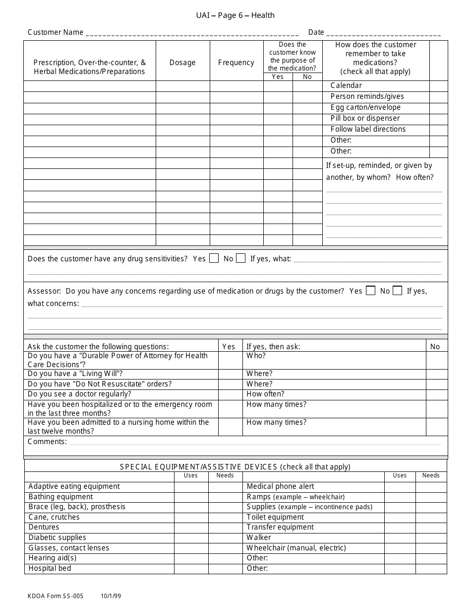 KDADS Form SS-005 Uniform Assessment Instrument - Kansas, Page 6