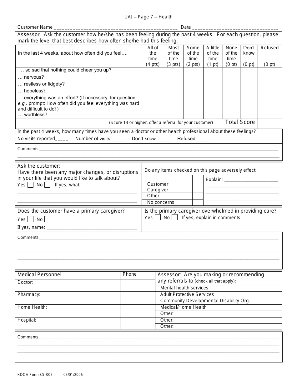 KDADS Form SS-005 Uniform Assessment Instrument - Kansas, Page 7
