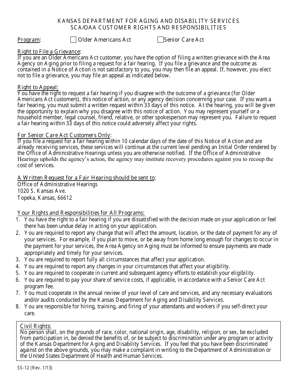 KDADS Form SS-012 Sca / Oaa Customer Rights and Responsibilities - Kansas, Page 1