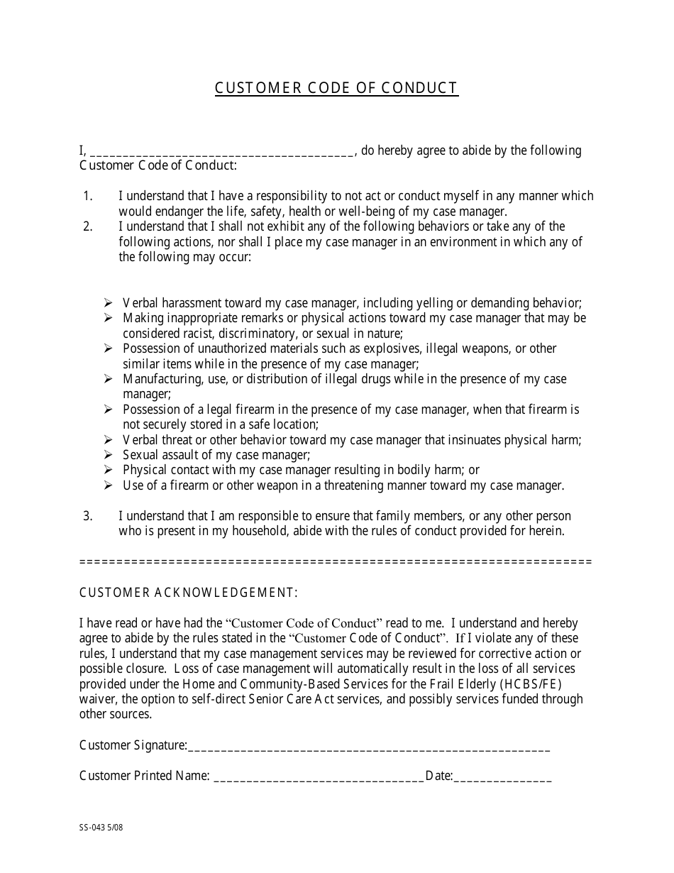 KDADS Form SS-043 Customer Code of Conduct - Kansas, Page 1