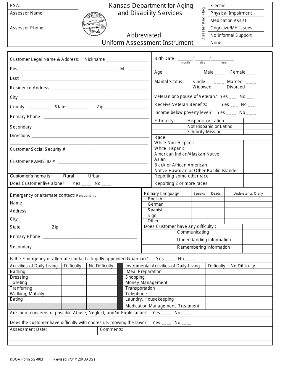 KDADS Form SS-003 Abbreviated Uniform Assessment Instrument - Kansas, Page 1