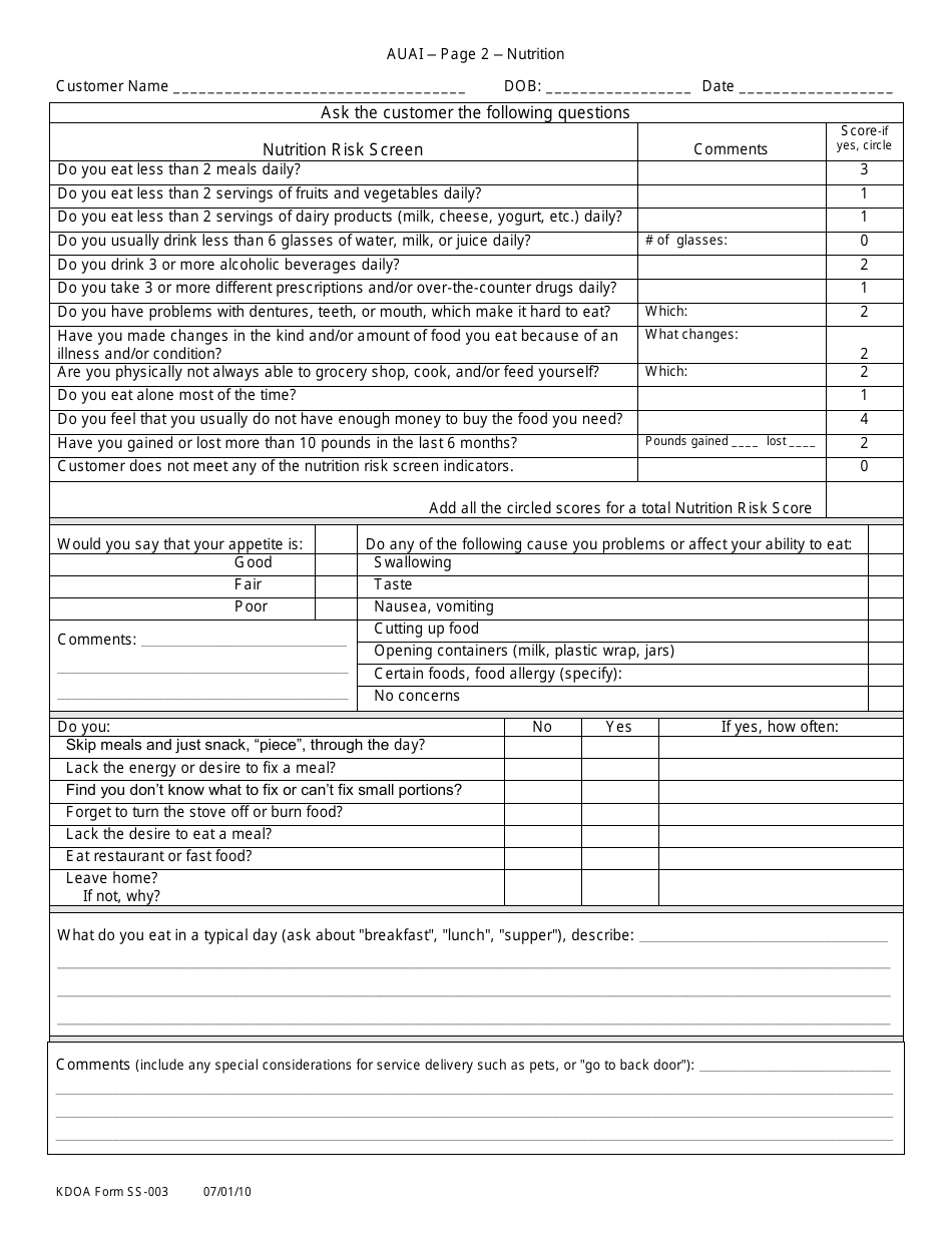 KDADS Form SS-003 Abbreviated Uniform Assessment Instrument - Kansas, Page 2