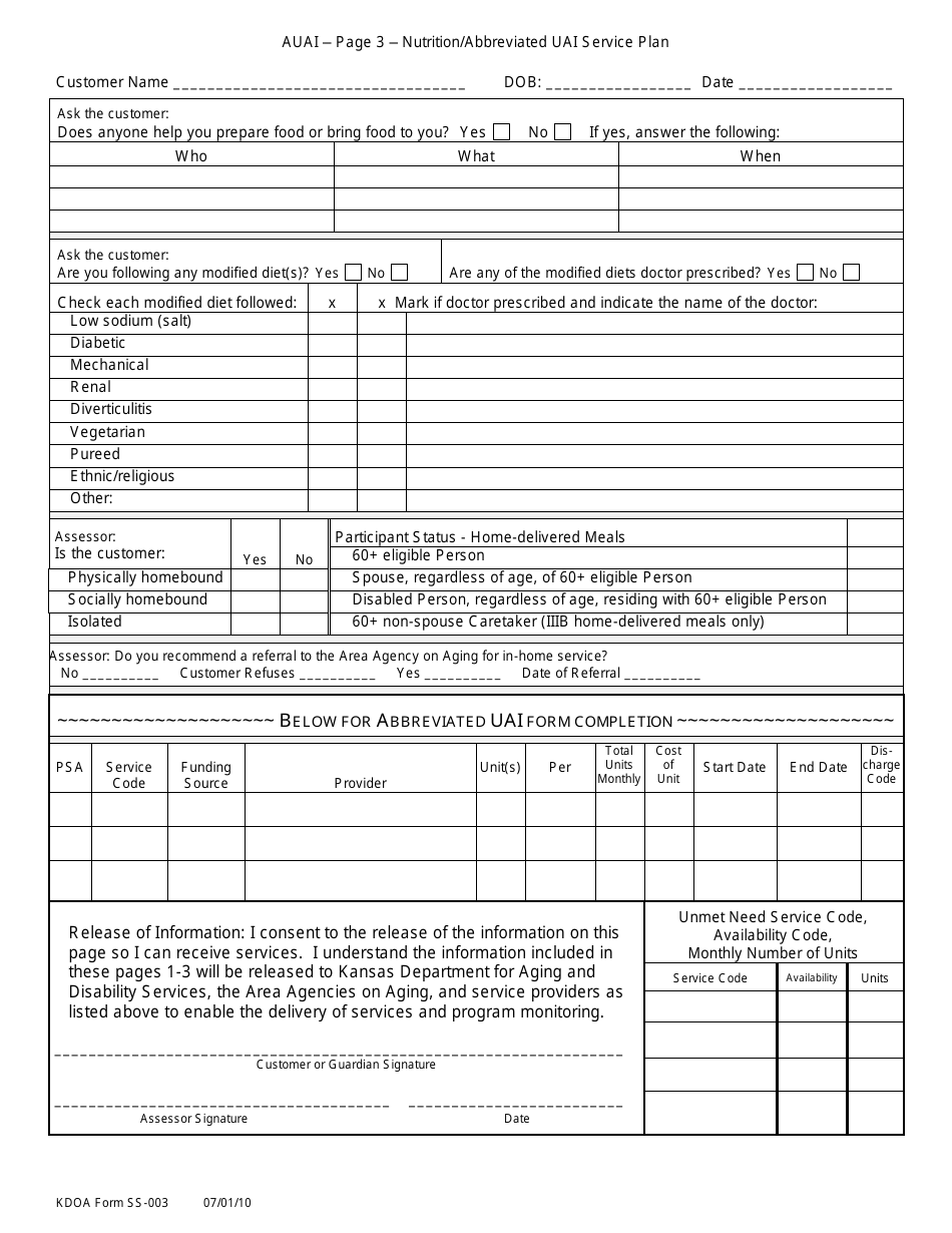 KDADS Form SS-003 Abbreviated Uniform Assessment Instrument - Kansas, Page 3