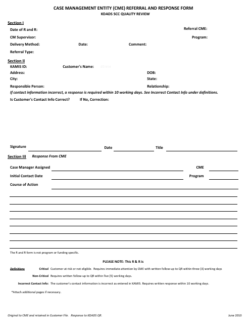 Case Management Entity (Cme) Referral and Response Form - Kdads Scc Quality Review - Kansas