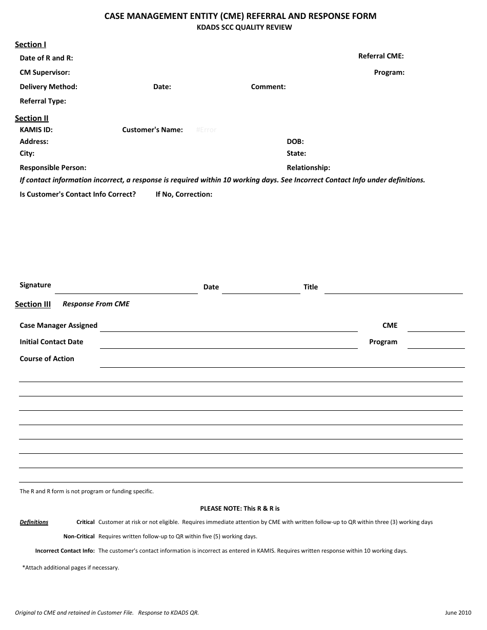 Case Management Entity (Cme) Referral and Response Form - Kdads Scc Quality Review - Kansas, Page 1