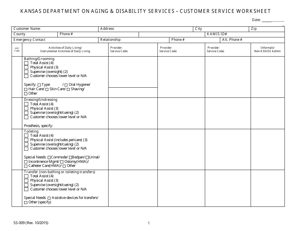KDADS Form SS-009 Customer Service Worksheet - Kansas, Page 1
