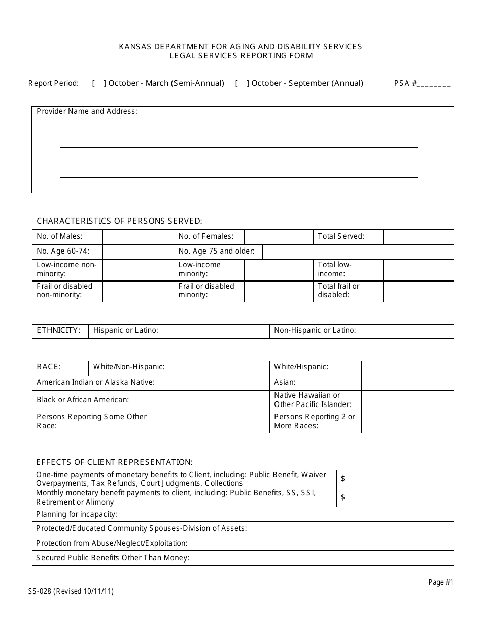 KDADS Form SS-028 Legal Services Reporting Form - Kansas, Page 1