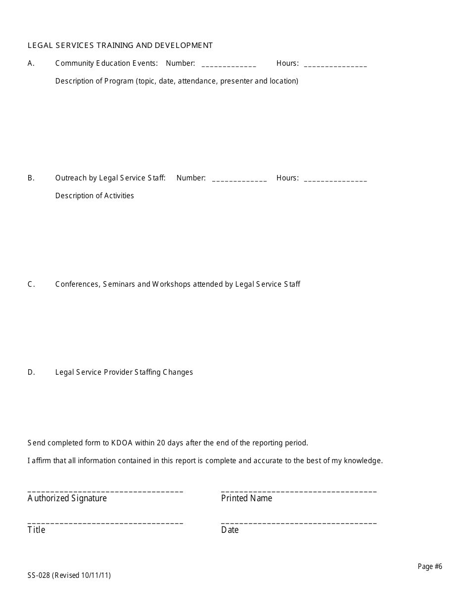 KDADS Form SS-028 Legal Services Reporting Form - Kansas, Page 6