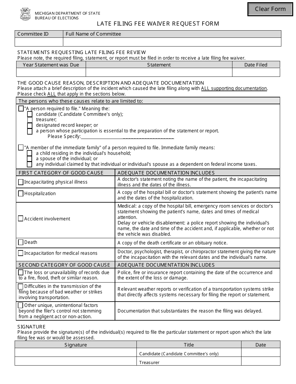 Late Filing Fee Waiver Request Form - Michigan, Page 1