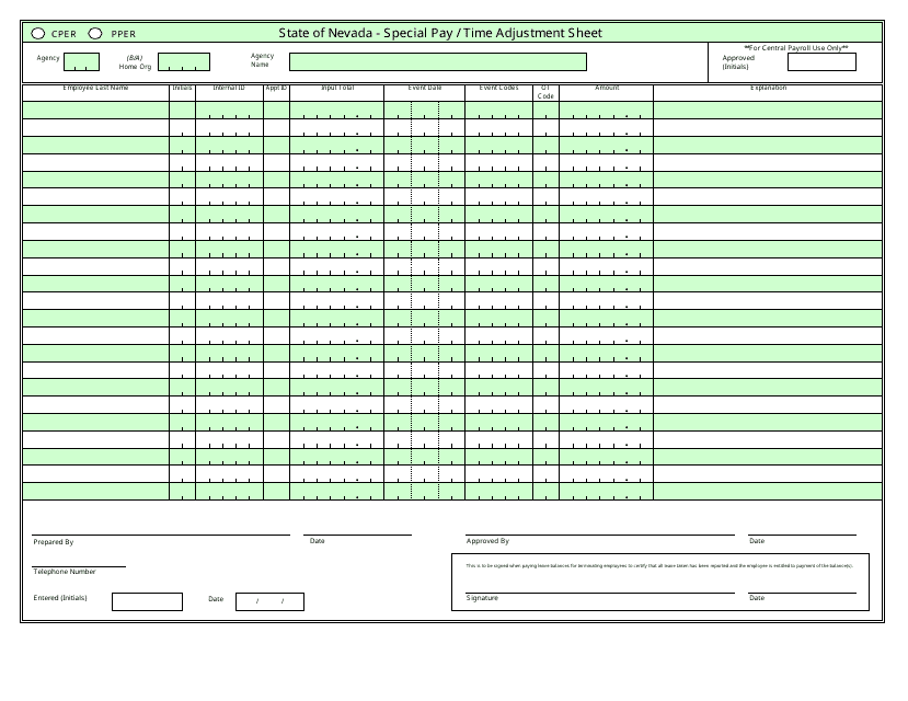 Form 0-752 Special Pay / Time Adjustment Sheet - Nevada