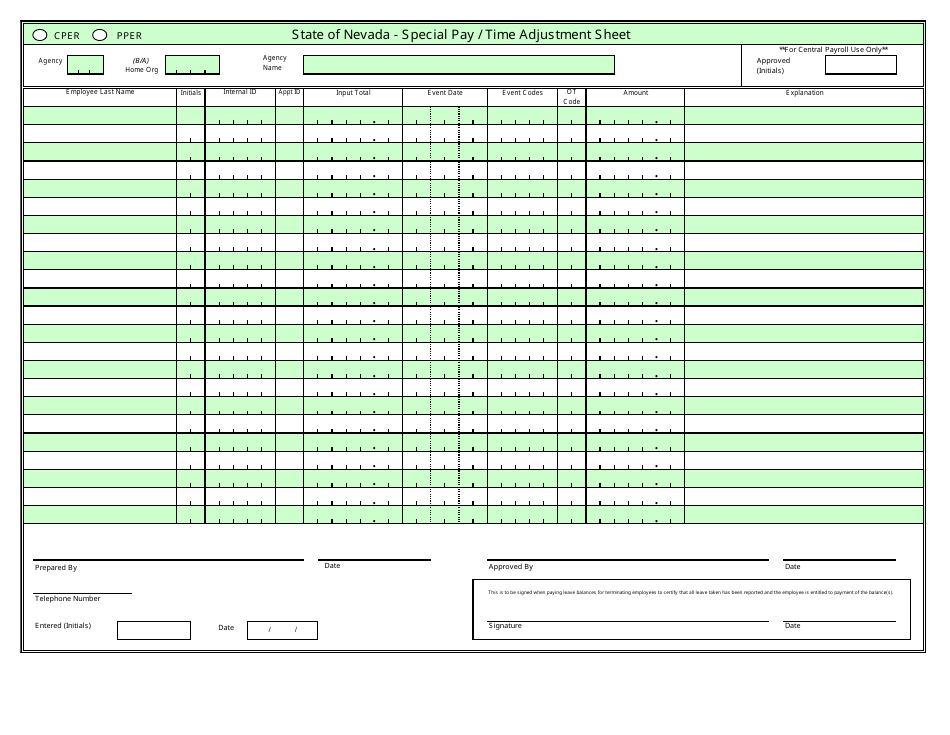 Form 0-752 Special Pay / Time Adjustment Sheet - Nevada, Page 1