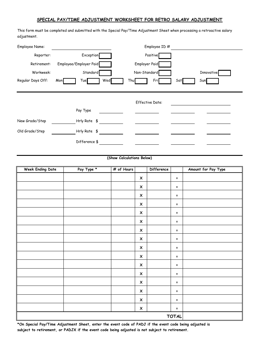 Special Pay/Time Adjustment Worksheet for Retro Salary Adjustment - Nevada, Page 1